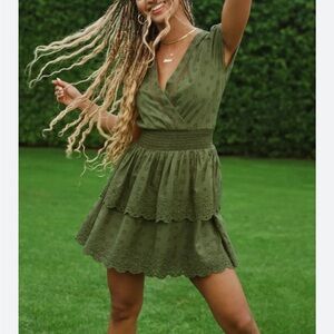 American Eagle womans boho tiered eyelet olive green mini dress size M